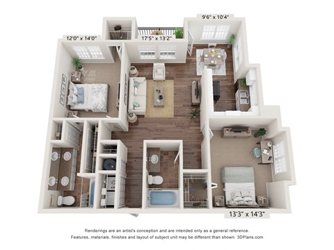 Floor plan for 2 beds, 2 baths, 1247 sqft
